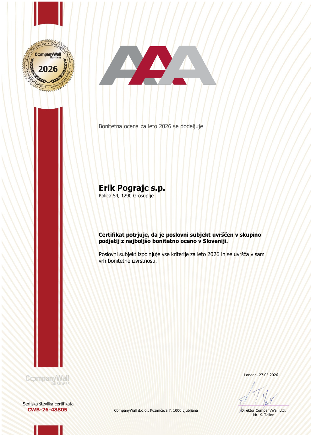 Bonitetni certifikat AAA za leto 2026